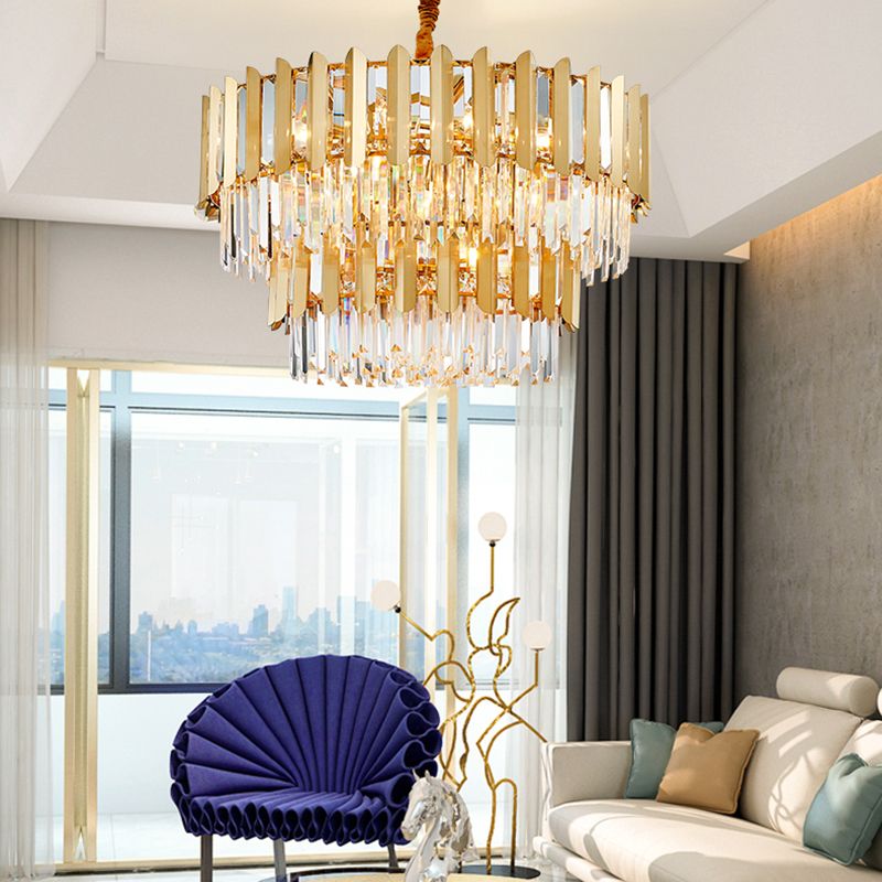 Modern Style Round Pendant Light Fixture Crystal Living Room Chandelier in Gold