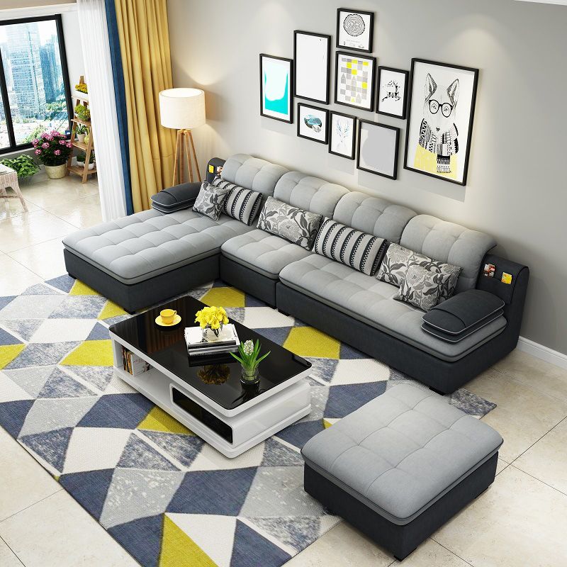 Farmhouse Linen Sofa with Chaise Pillow Top Arm 4-Seater Sofa