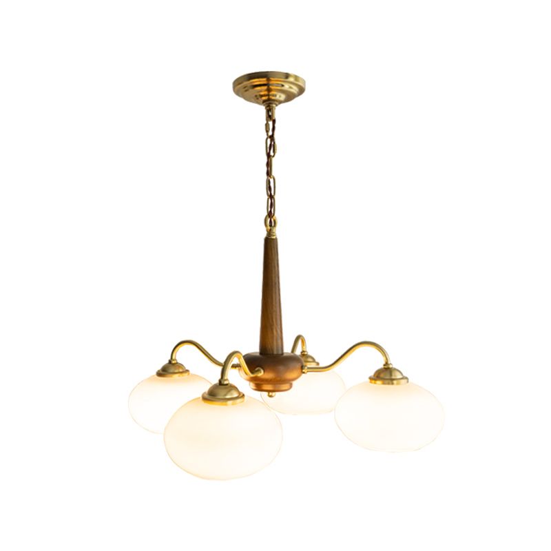 Wooden Chandelier Gold Globe Hanging Light with White Glass for Living Room