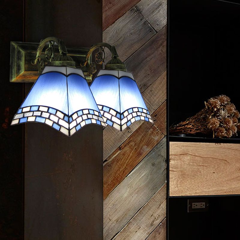 Nautical Pyramid Wall Lighting Stained Glass 2 Lights Vanity Light in Light/Dark Blue for Bathroom