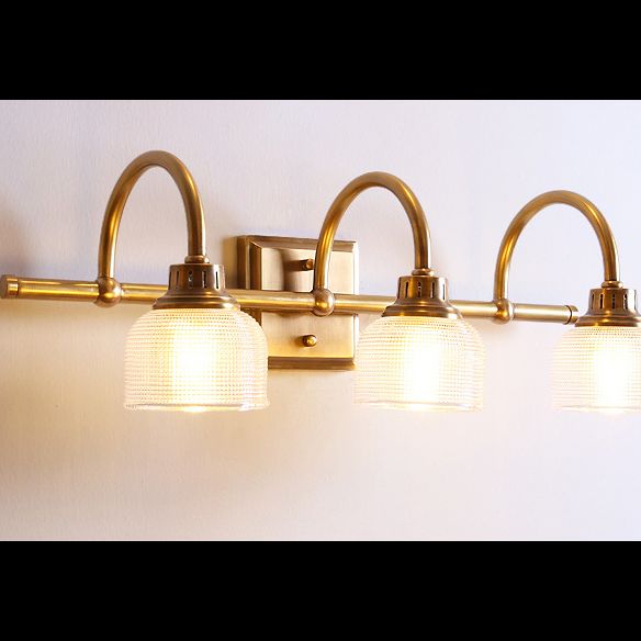 Brass Armed Vanity Light Fixture American Style Vanity Mirror Lights in Prismatic Glass Shade