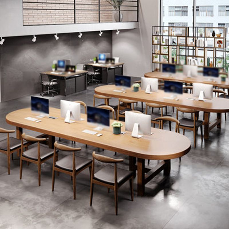 Pine Wood Top Dining Table Modern Oval Table with Double Pedestal Base