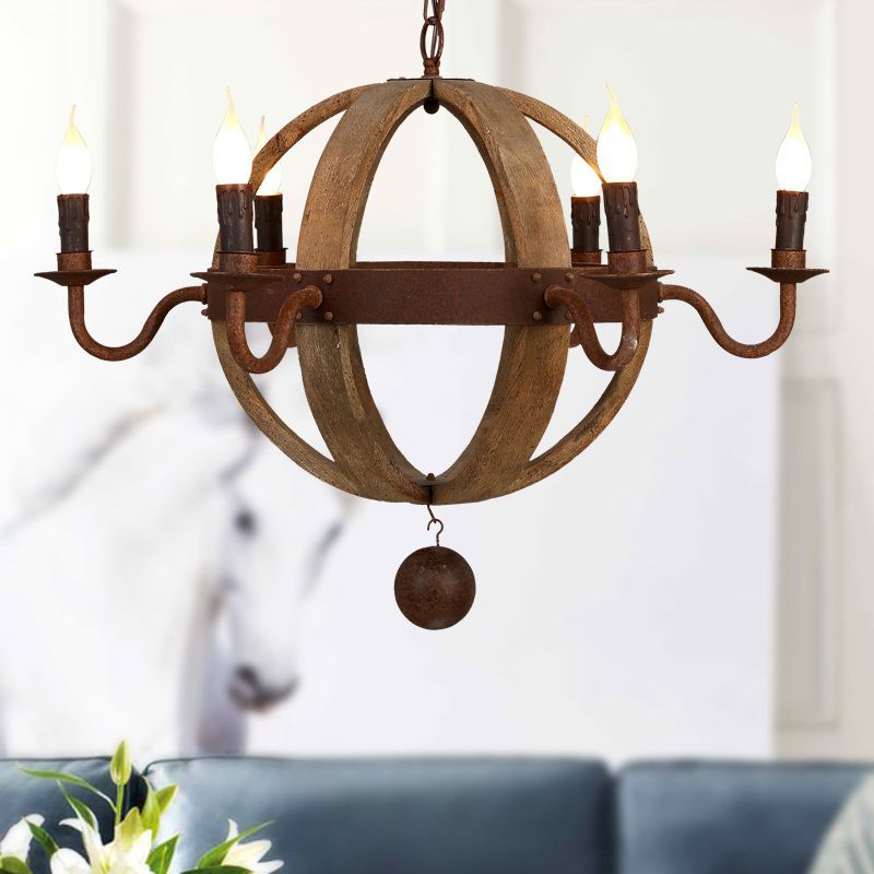 Luce a soffitto in legno Globe tradizionale a pendente per sala da pranzo a 6/8-bulbone in marrone
