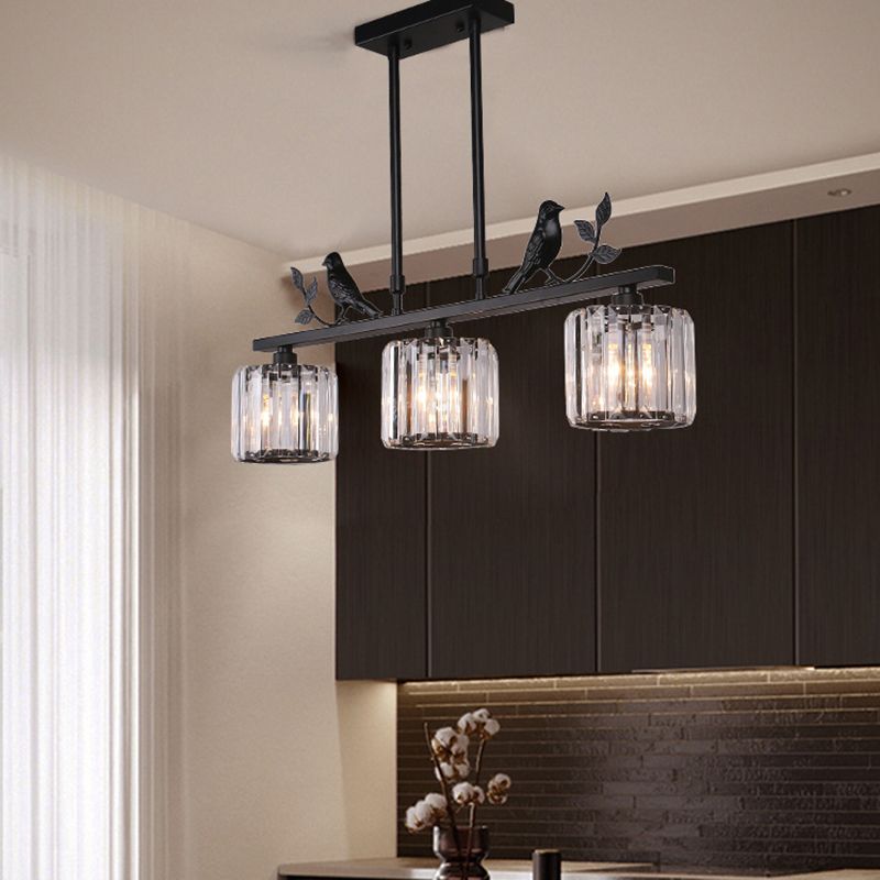 Crystal Prism Island Light Fixture Cylindrical 3-Bulb Lodge Pendant Light with Bird and Leaf Decor