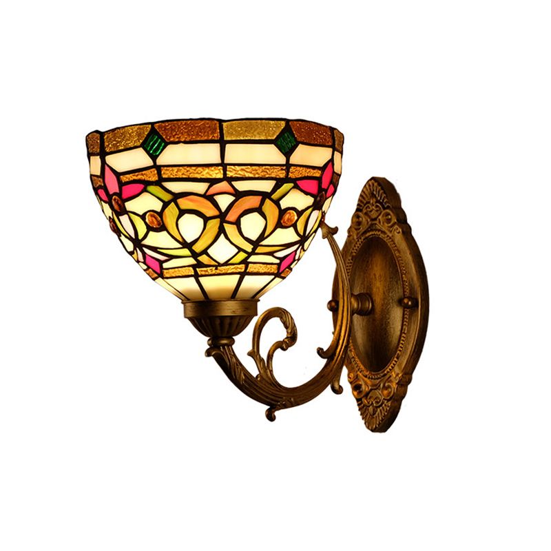 Dome Shade Floral Stained Glass Wall Light Fixture Decorative Single Gold Wall Mounted Lamp