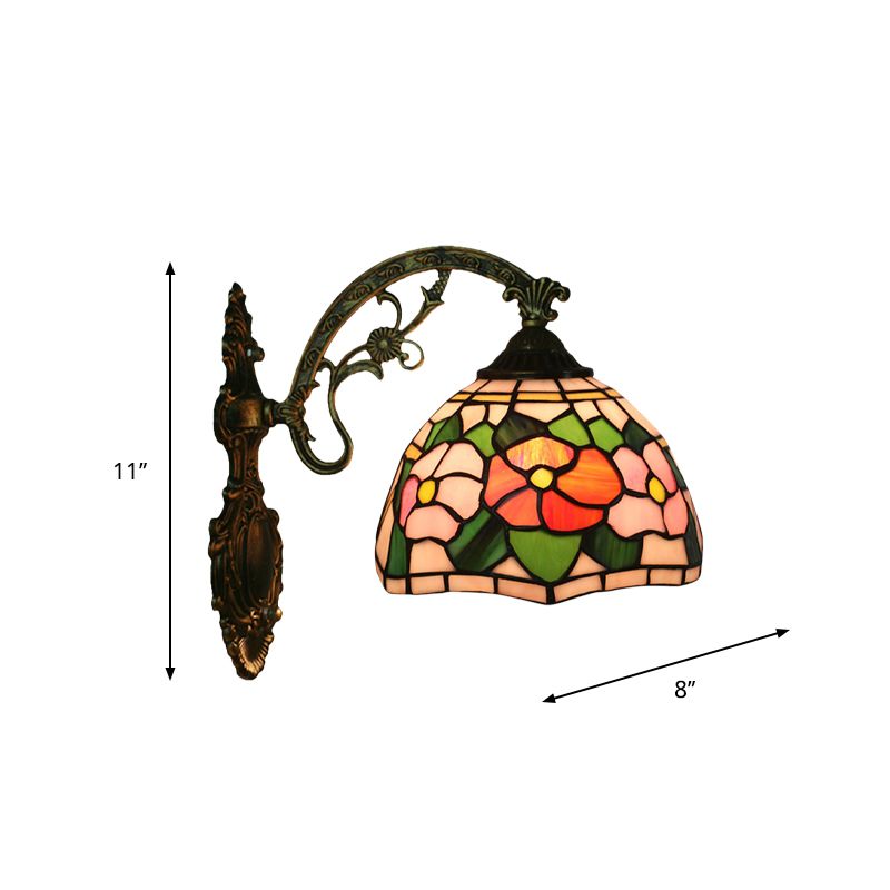 Red/Pink Flower Bowl Sconce Light Tiffany 1 Head Stained Glass Wall Mounted Lighting Fixture