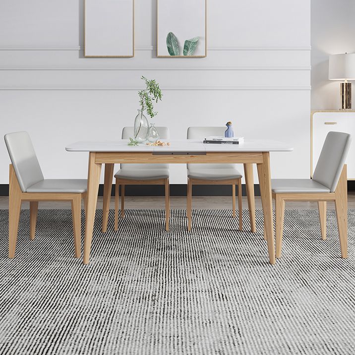 Sintered Stone Top Extendable Table in White Kitchen Table with Ash Wood Base and 4 Legs