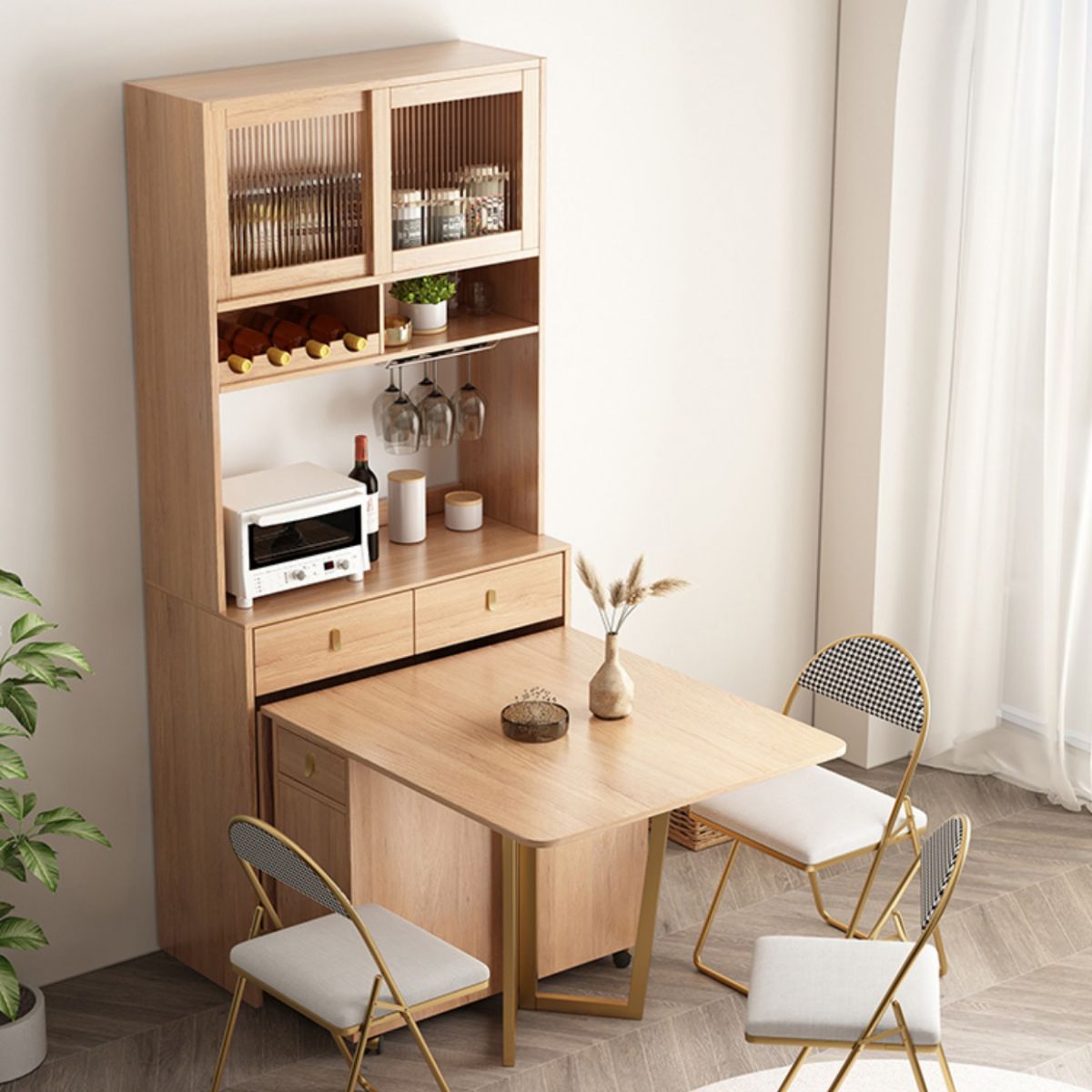 Natural Rectangle Wood Dining Table Folding Table with Storage Base