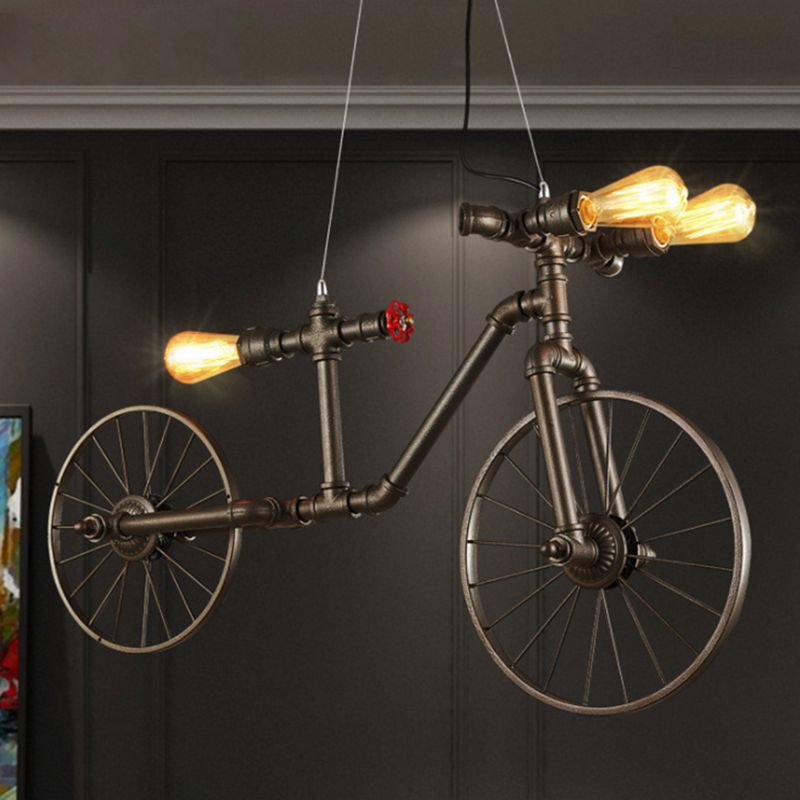 Lampada a sospensione a sospensione a forma di bici a forma di bici decorativo in metallo a 3 luci in bronzo