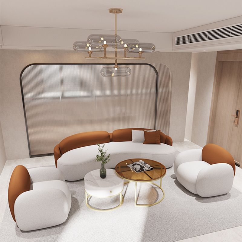 Curved Cushions Sofa Contemporary Faux Leather Seating in White and Orange