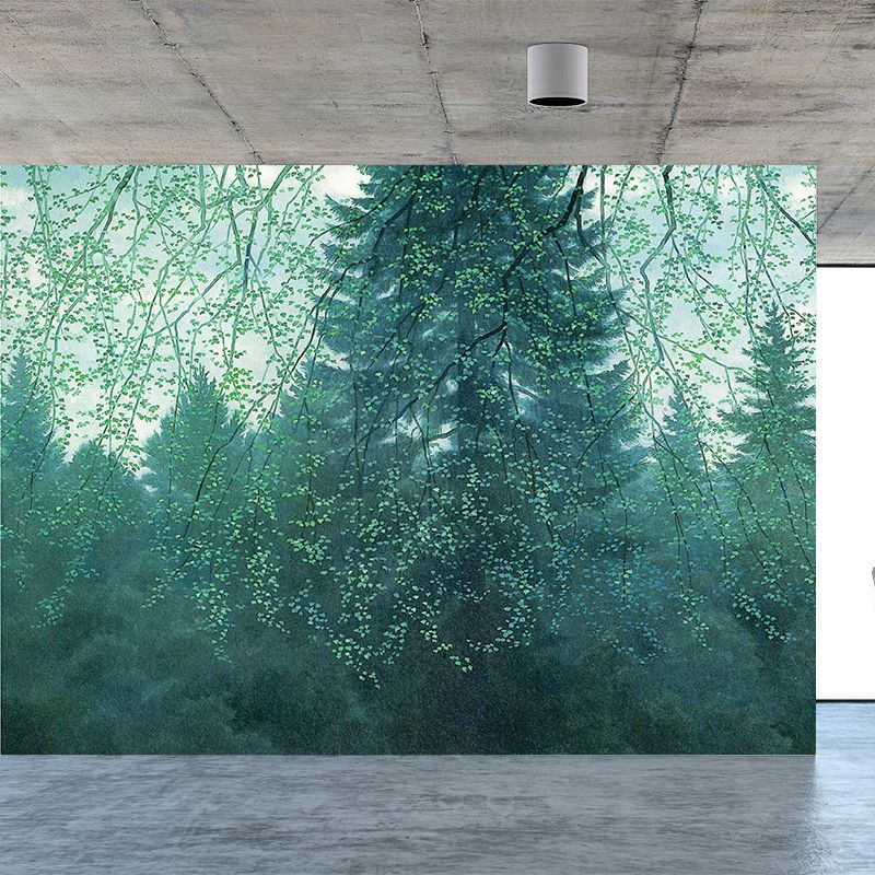 Modern Woodland Mural Wallpaper Green Dining Room Wall Art, Custom Size Available