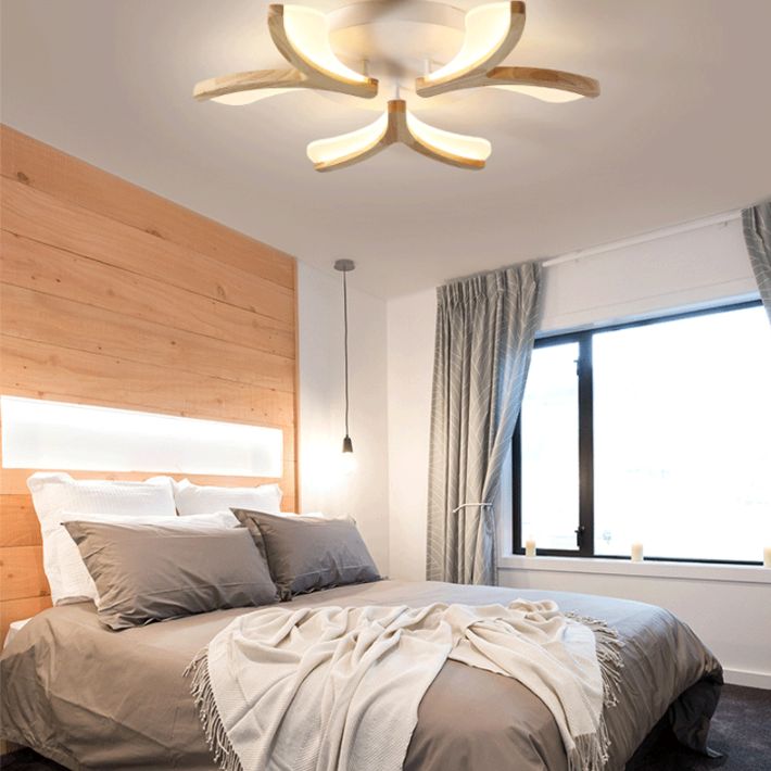 Wooden Floral Semi Flush Light Minimalist White LED Ceiling Light for Living Room