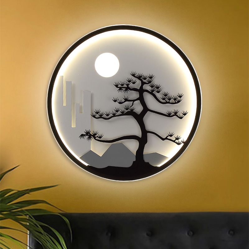 Metal Circular Wall Mural Mount Lighting Asia LED Black Wall Light with Moon and Tree Pattern