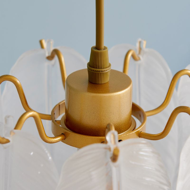 1-Light Feather Drum Shade Hanging Lamp, Contemporary Ribbed Glass Hanging Light