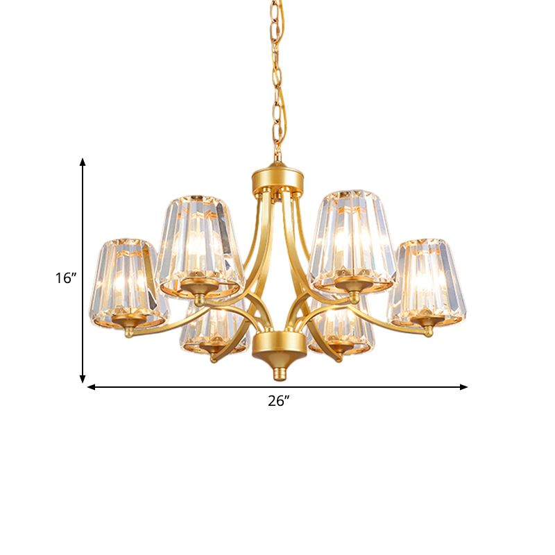 Conic Crystal Prisms plafondlamp Minimalisme 6-licht gouden hanger kroonluchter met curvy arm
