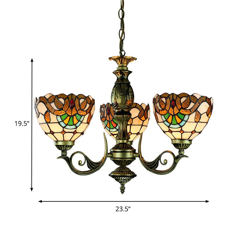 Victorian Bowl Chandelier Lighting Stained Glass 3 Lights Indoor Pendant Light for Dining Room
