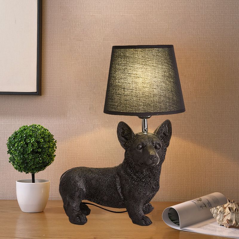 1 Bulb Fabric Night Table Light Traditional Black Drum Bedroom Nightstand Lamp with Resin Dog Base