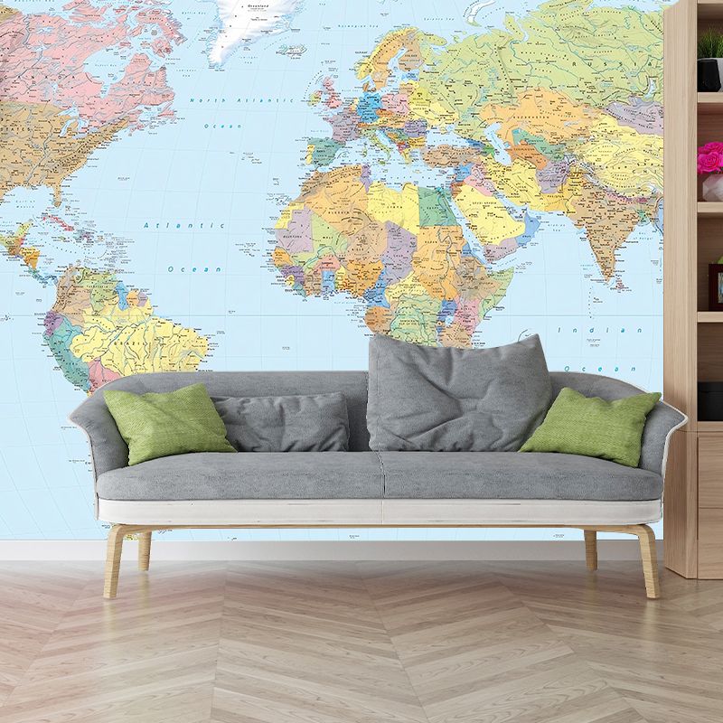 Big Minimalist Wall Mural Decal in Blue and Green World Map Wall Covering, Made to Measure