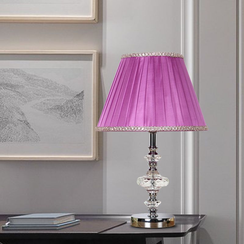 Conical Fabric Night Table Light Lodge Single Bulb Bedroom Nightstand Lamp in Purple with Crystal Accent
