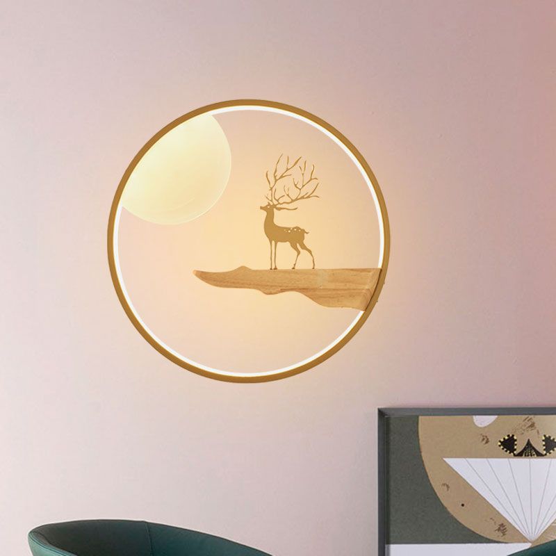Asian LED Wall Mural Lighting Black/Beige Moon and Deer Wall Mounted Light with Wood Frame