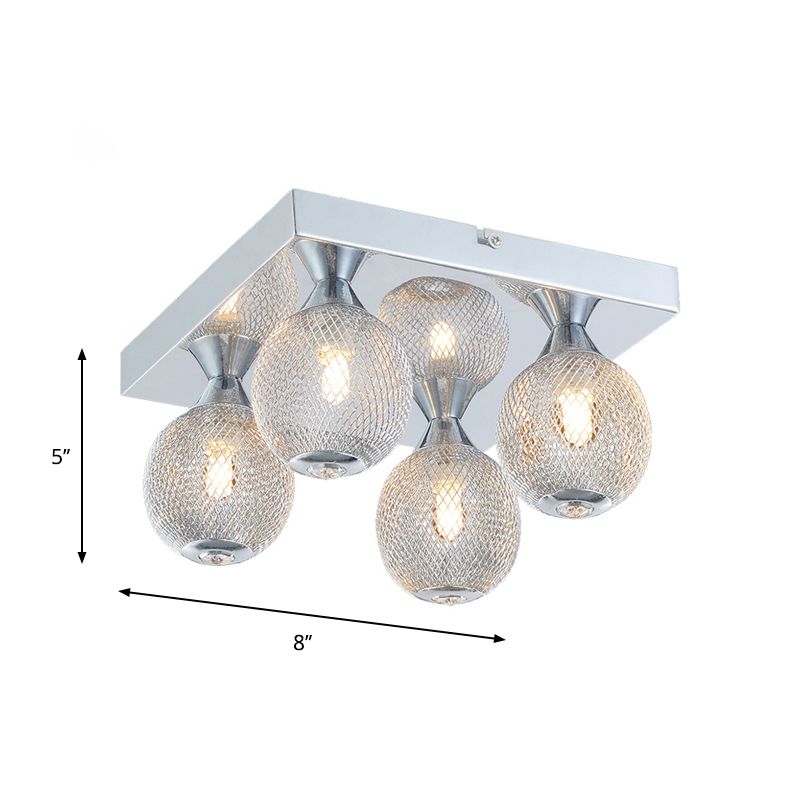 Chrome Finish Globe Flushmount Modernist 4 Bulbs Metal Mesh LED Flush Lighting with Square Canopy