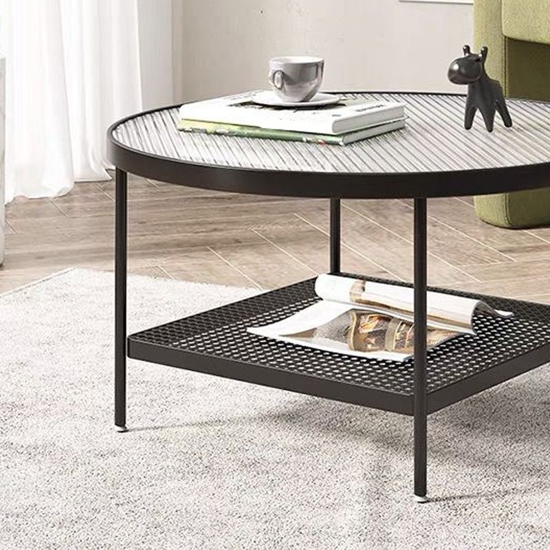 Round Glass Cocktail Table Iron 4 Legs Coffee Table with Shelf