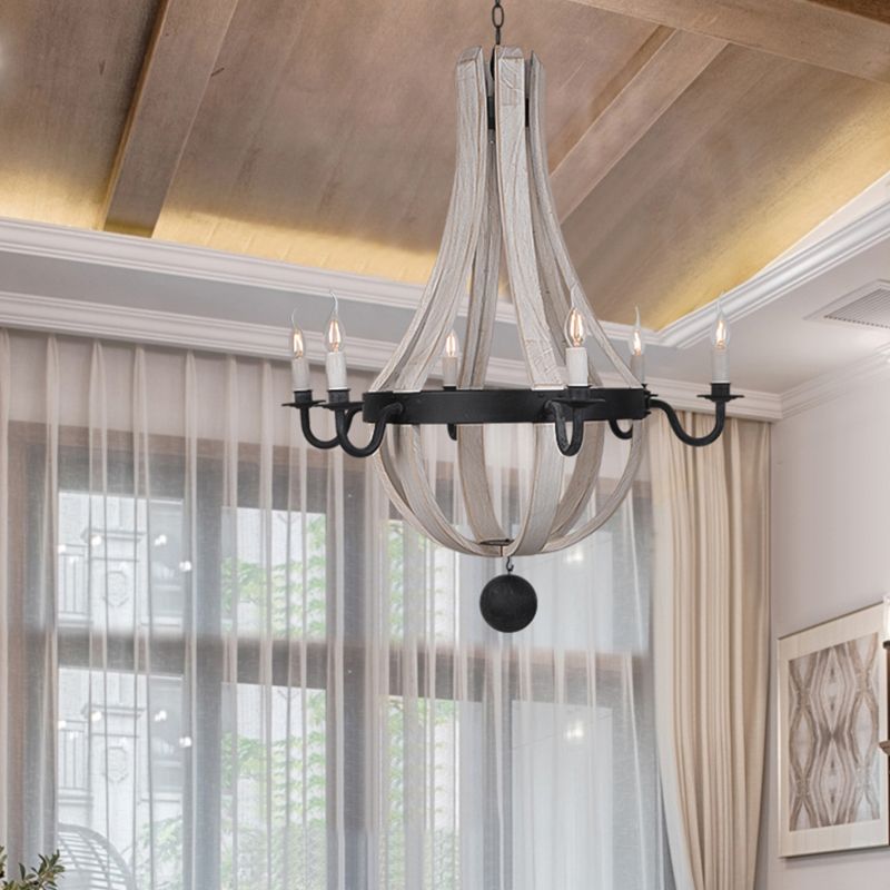 6 Lights Empire Shape Chandelier Lamp Traditional Blue/White Wood Hanging Light Fixture