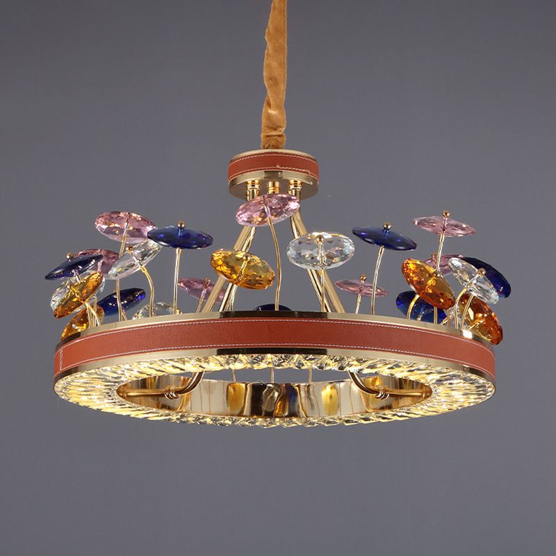 Red Hoop Kronleuchter Anhänger helles Makkaronkristallschlafzimmer 19,5 "/23,5" W LED Hängende Lampe mit farbenfrohen Pilzdekoration