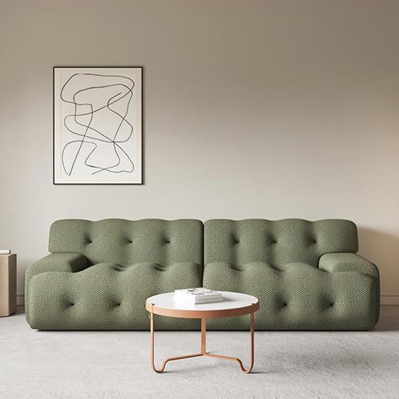Recessed Arm Sofa Sewn Pillow Back Stationary Green Sofa for Bonus Room