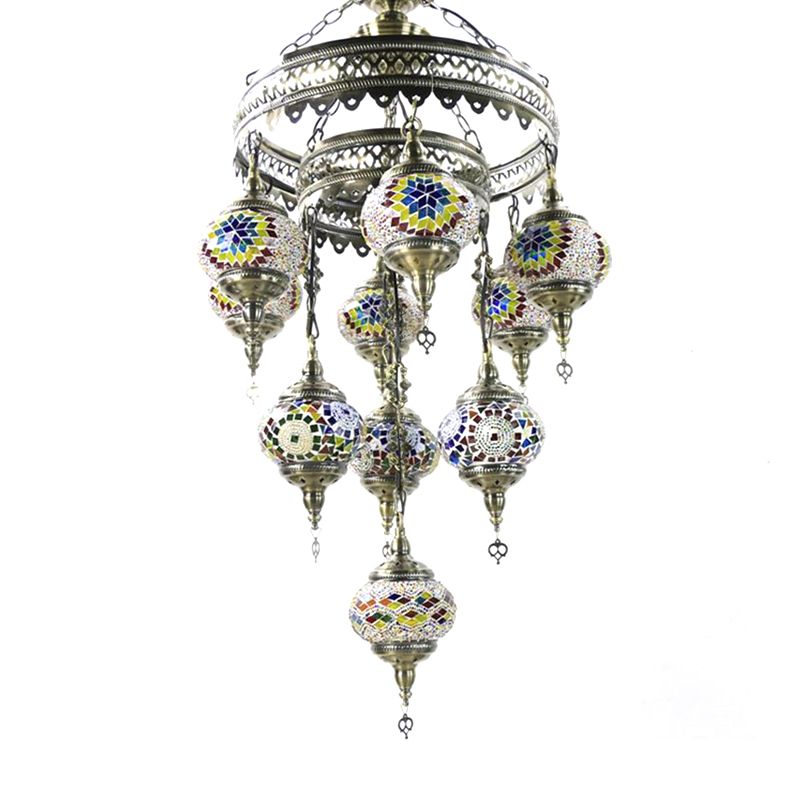10 Heads Oval Hanging Light Fixture Traditional Red/Pink/Yellow Multicolored Stained Glass Chandelier Lamp