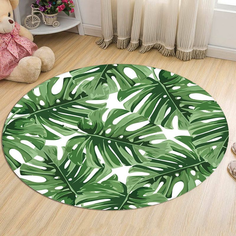 Round Green Tone Tropical Indoor Rug Polyester Leaves Print Rug Non-Slip Backing Indoor Rug for Living Room