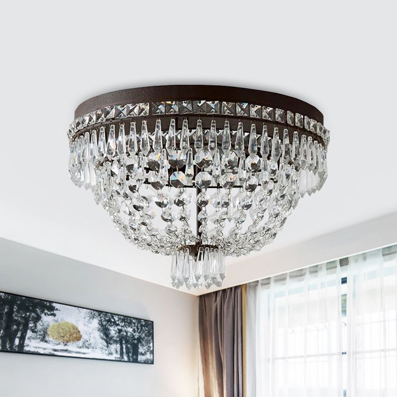 Dome Frame Clear Crystal Strand Flush Mount Modernism 3-Light Black Flush Ceiling Light Fixture