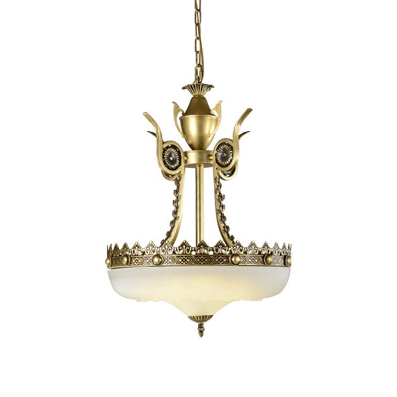 12"/16" W Cream Glass Inverted Chandelier Traditionalist 3 Lights Dining Room Hanging Light Fixture in Beige/Brass