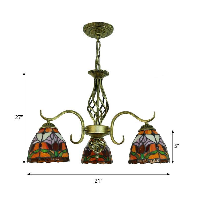 Dome Restaurant Hanging Lamp with Flower Stained Glass 3 Lights Tiffany Rustic Chandelier in Orange