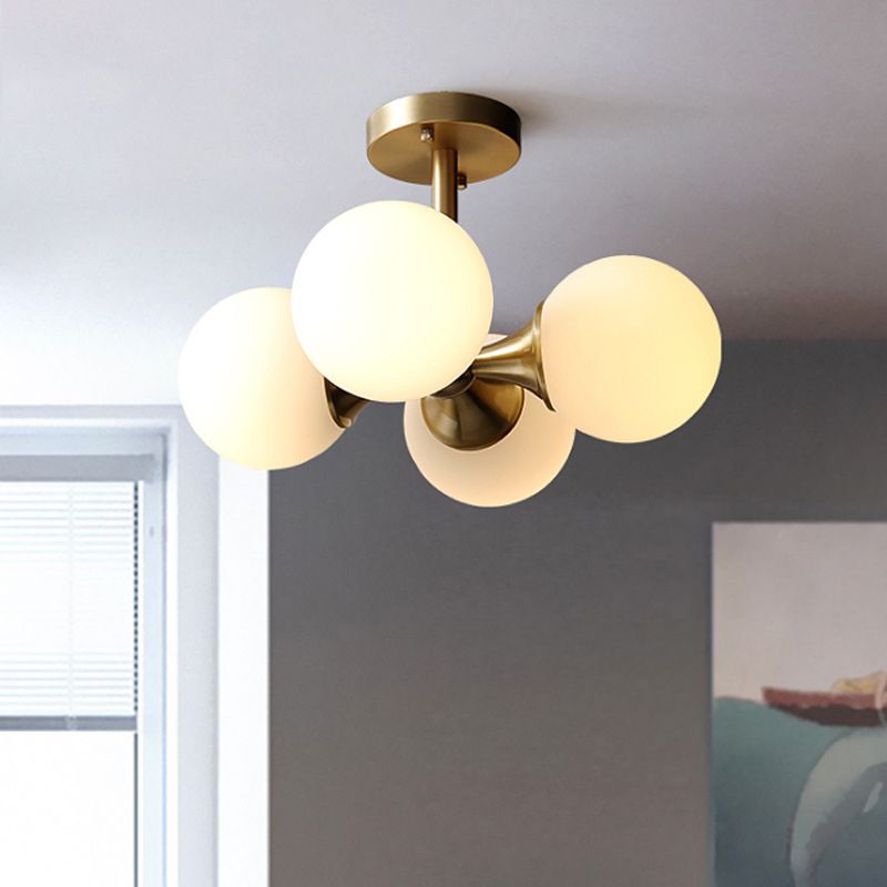 4-Lights White Globe Glass Ceiling Light 16.5" Wide Nordic Style Minimalism Brass Semi Flush Mount Lamp