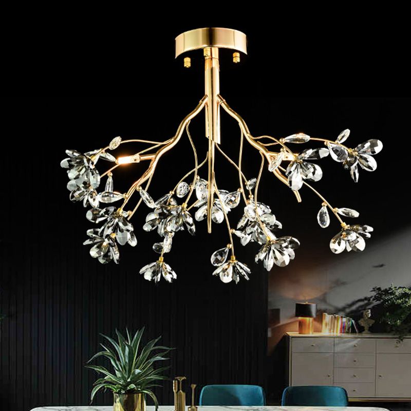 3 Heads Branch Semi Flush Mount Light Fixture Postmodern Gold Leaf Crystal Ceiling Lamp