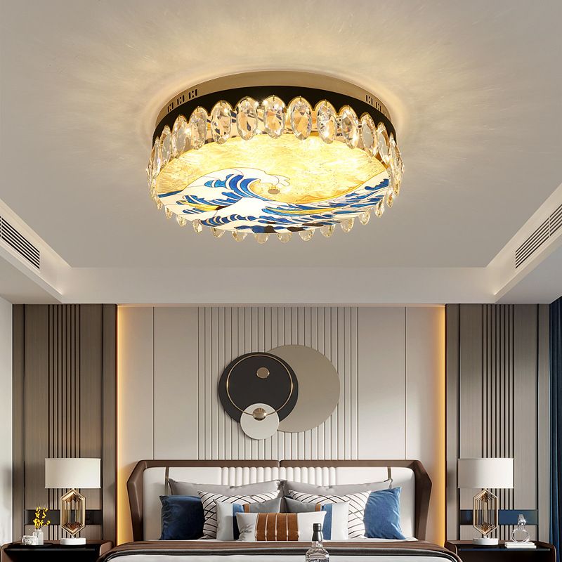 Creative Modern Drum Flush Mount Lamp Crystal Block Bedroom LED Ceiling Light in Brass