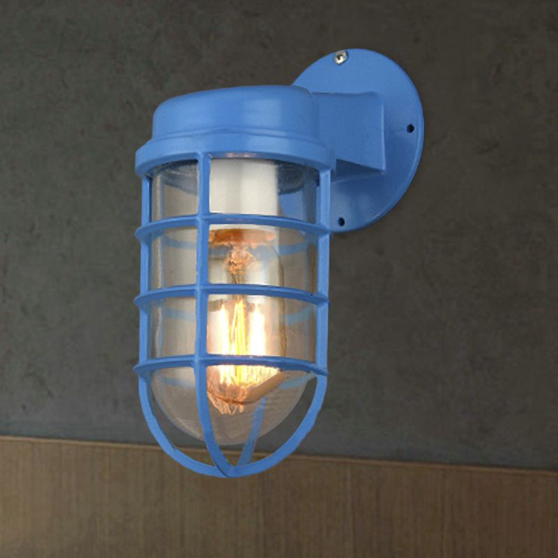 1 Bulb Metal Caged Wall Mounted Light Fixture Coastal Red/Blue Clear Glass Lighting for Outdoor