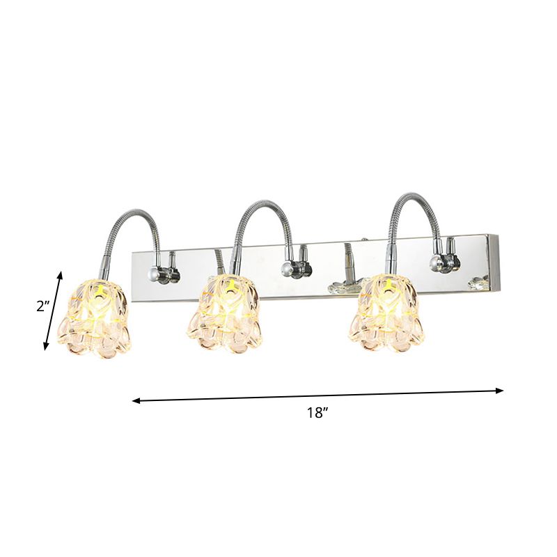 Petal Clear Glass Vanity Light Fixture Modern Stylish 3 Lights Silver Finish Wall Lighting with Gooseneck Arm