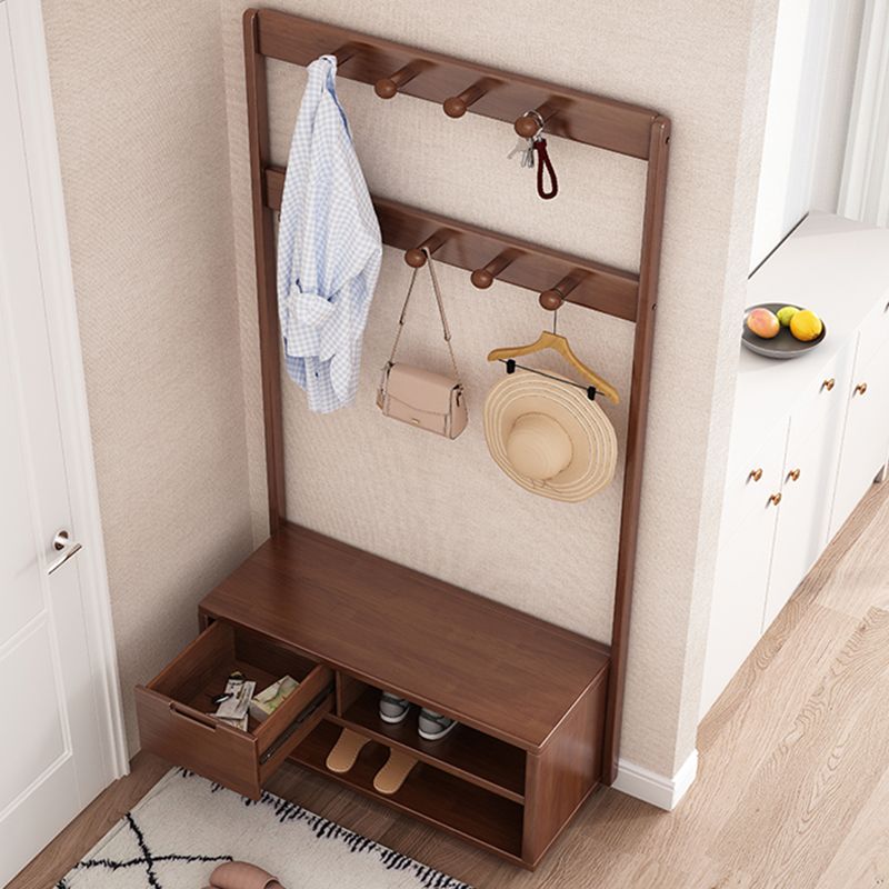 Contemporary Style Coat Hanger Hooks Design Solid Rubberwood Coat Rack with Drawer