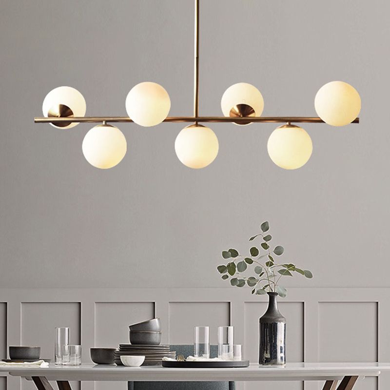Spherical Dining Room Suspension Lamp Cream Glass 7-Head Postmodern Island Light in Gold