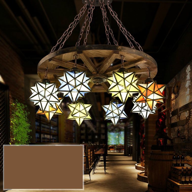 Brass Wheel Pendant Light with Stained Glass Star Shade Rustic Chandelier Lighting for Foyer