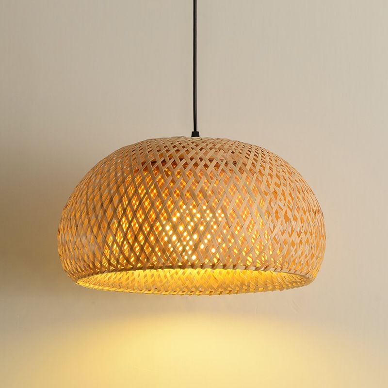 Cross-Woven Bamboo Pendant Lamp Asian Style 1 Bulb Domed Suspension Light