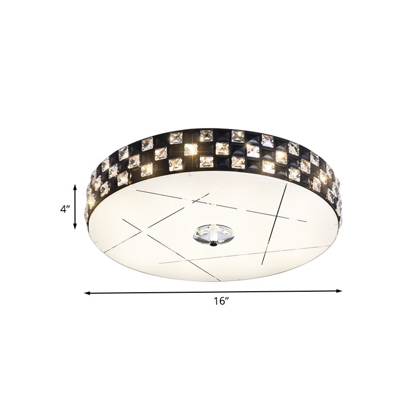 Beveled Crystal Drum Flushmount Simple LED Guest Room Close to Ceiling Lighting Fixture in Black