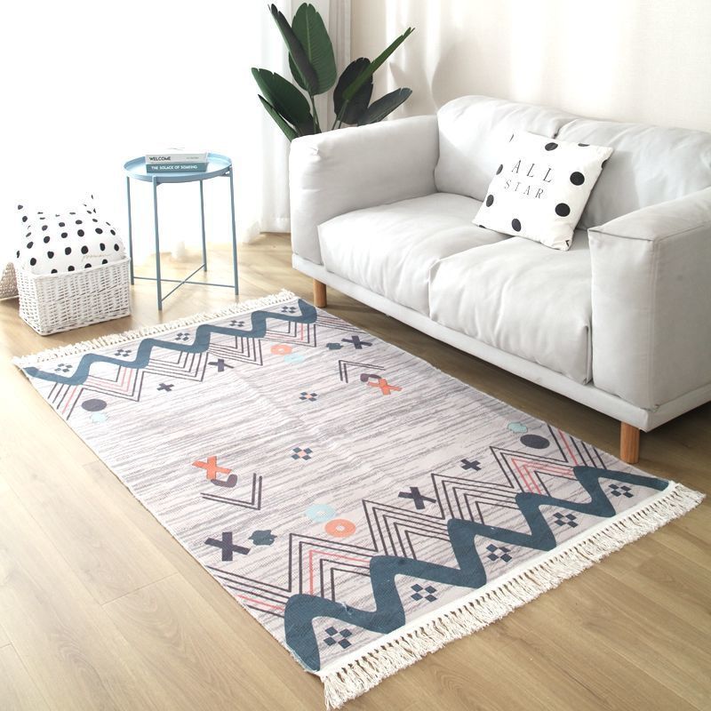 Fancy Fringe Area Carpet Geometric Pattern Polyester Area Rug Easy Care Area Rug for Home Decor