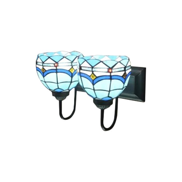 Blue Bowl Wall Mount Light Mediterranean 2 Heads Multicolor Stained Glass Sconce Lighting