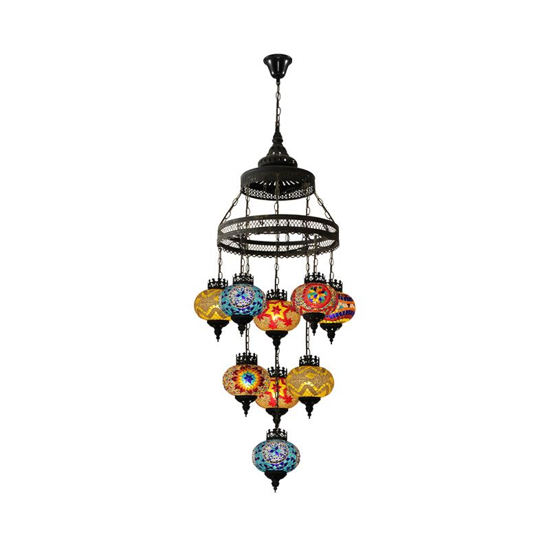 Stained Glass Lantern Pendant Lighting Bohemia Style 9 Bulbs Coffee House Ceiling Chandelier in Black