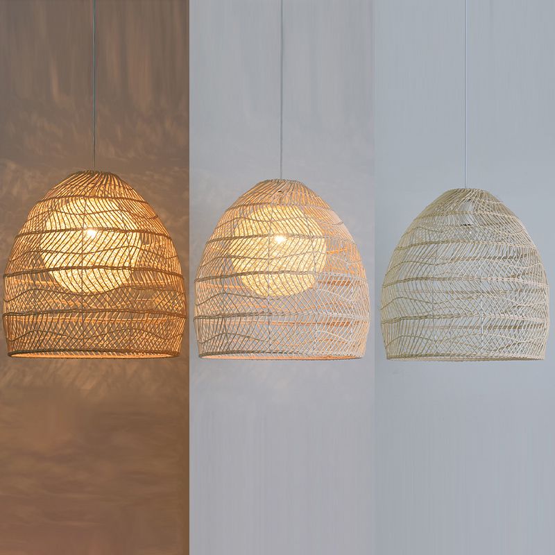 Basket Pendant Lighting Fixture Asian Rattan Beige Hanging Light Fixture for Restaurant