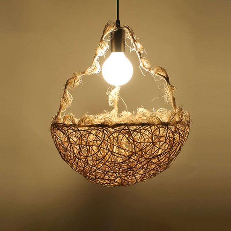 Rattan Cage Pendulum Light Country 1 Bulb Beige Hanging Ceiling Light for Restaurant
