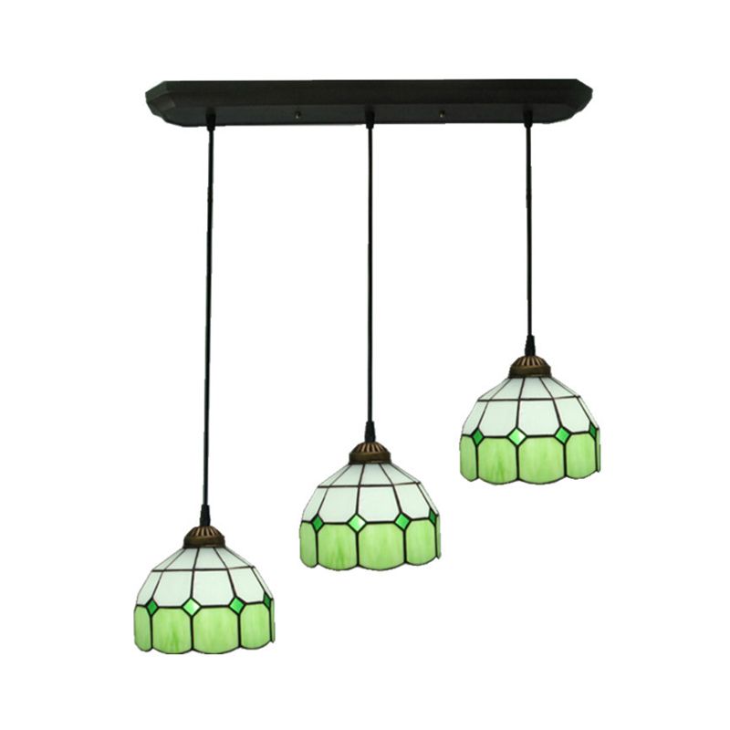 3 Heads Dining Room Cluster Pendant Victorian Green Hanging Ceiling Light with Grid Dome Hand Cut Glass Shade